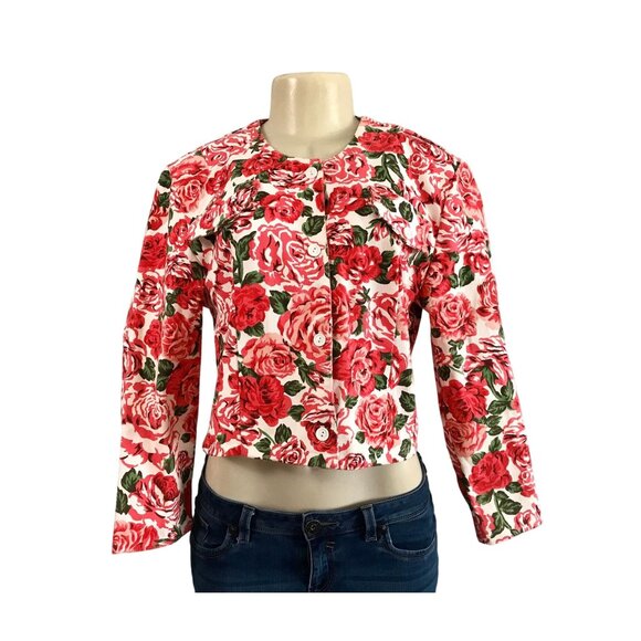 Vintage Cropped Denim Jacket size S red roses 1990s short cropped floral jacket. - Picture 1 of 7